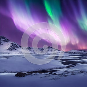 landscape of northern lights dancing on snowy mountains illustration