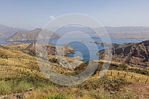 Landscape with Nurek Reservoir near Dushanbe in Tajikistan photo