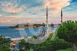 Landscape with Nusretiye mosque and historical peninsula of Istanbul
