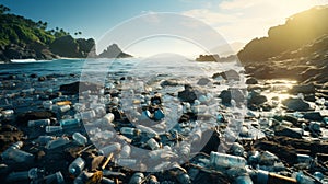 landscape, ocean shore littered with empty plastic bottles