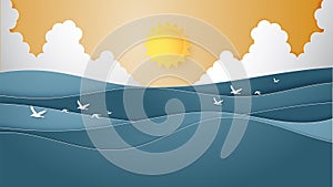 Landscape of Ocean water wave with sun, cloudscape and flying seagulls paper cut style