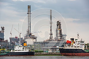 Landscape of Oil and Gas Refinery Manufacturing Plant., Shipping Dock and Chemical Distillation Process Buildings., Factory of