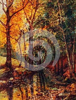 Landscape oil painting with river in autumn forest. Vintage structure background.