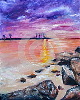 Landscape oil painting Sea with Sunset