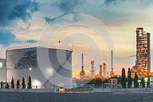 Landscape of oil refinery industry with oil storage tank