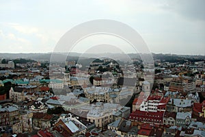 The landscape of the old part of the city of Lviv in Western Ukraine: historic buildings, cathedrals, architectural monuments, pav