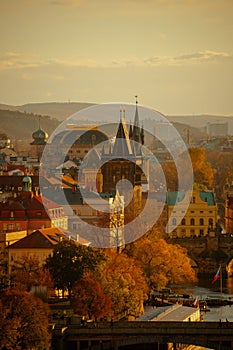 landscape with Old Town Bridge Tower in evening in autumn in Prague, Czech Republic