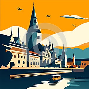 Landscape of the old town of Prague, Czech Republic. Vector illustration generative AI