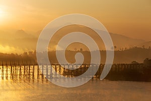 Landscape of old wooden mon bridge in Sangkhlaburi, Thailand.