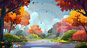 Landscape with orange trees and bushes in rain. Modern parallax background for animation with cartoon illustration of