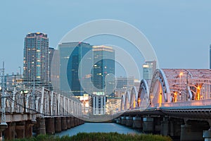 Landscape of osaka city at Umeda from across the Yodogawa River photo