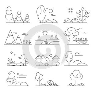 Landscape outline. Mono line symbols of trees and outdoor parks