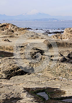 Landscape with the Pacific Ocean, rocks and Mount Fujiyama on background.