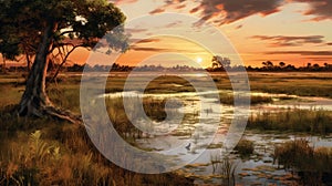 Hyper-realistic Sunset Illustration Of Wetland With Avian Theme