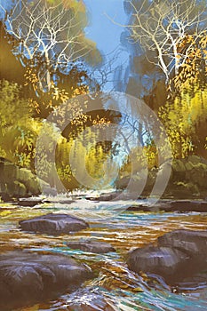 Landscape painting of creek in forest