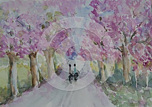 Landscape painting of local road with pink trees and boy and girl ride a bike