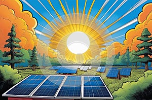 A landscape painting of solar panels under the bright sun in a natural setting