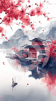Landscape Chinese painting in the style of ink painting, Look thinner, photo grade photo