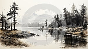 Black And White Watercolor Mountain Scene: Calm Waters And Pine Trees photo