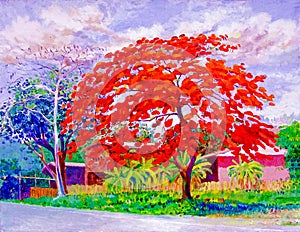 Landscape painting white color of peacock tree flowers
