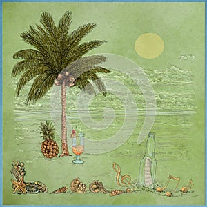 Landscape with palm tree with sea shells, pineapple and sea elements