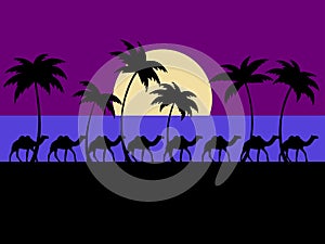 Landscape with palm trees and camels at dawn. Black silhouettes of palm trees on the shore in a minimalist style. Camel caravan at