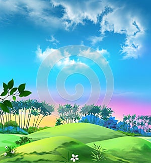 Landscape with palms against the blue sky