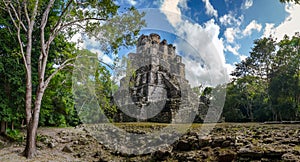 Landscape panorama of Ancient Mayan pyramid temple complex in Muyil, Yucatan Mexico