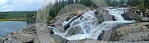 Landscape Panorama of the Cameron River at the Rampart Waterfall at Cameron Crossing, Northwest Territories, Canada