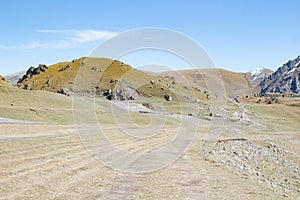 Landscape panorama caucasus mountain with autumn hills