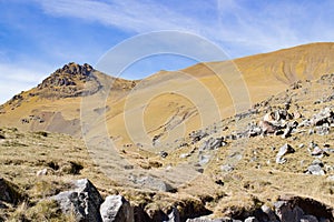 Landscape panorama caucasus mountain with autumn hills