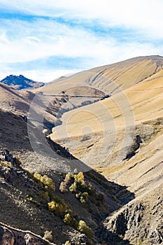 Landscape panorama caucasus mountain with autumn hills