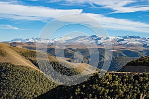 Landscape panorama caucasus mountain with autumn hills