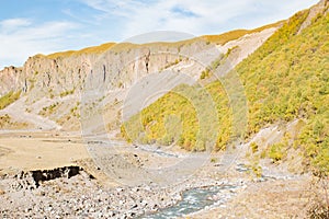 Landscape panorama caucasus mountain with autumn hills