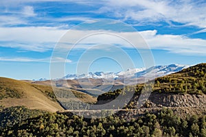 Landscape panorama caucasus mountain with autumn hills