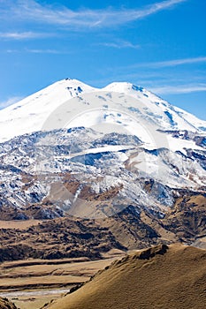 Landscape panorama Elbrus mountain with autumn hills