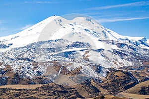 Landscape panorama Elbrus mountain with autumn hills