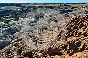 Landscape, panorama of erosive multi-colored clay in Petrified Forest National Park, Arizona