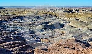 Landscape and panorama of erosive multi-colored clay in Petrified Forest National Park, Arizona