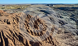 Landscape, panorama of erosive multi-colored clay in Petrified Forest National Park, Arizona