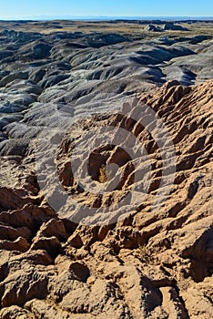 Landscape, panorama of erosive multi-colored clay in Petrified Forest National Park, Arizona