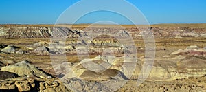 Landscape and panorama of erosive multi-colored clay in Petrified Forest National Park, Arizona