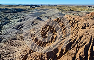 Landscape, panorama of erosive multi-colored clay in Petrified Forest National Park, Arizona