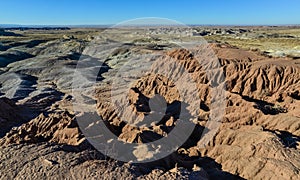 Landscape, panorama of erosive multi-colored clay in Petrified Forest National Park, Arizona