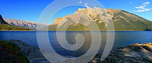 Landscape Panorama of Evening Light on Famous Lake Minnewanka, Canadian Rocky Mountains, Banff National Park, Alberta