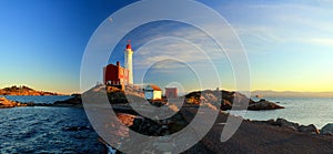 Landscape Panorama of Fisgard Lighthouse at Sunset, Fort Rodd Hill National Historic Site, Victoria, Vancouver Island, BC, Canada