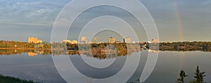 Landscape Panorama of Frame Lake with Rainbow over Yellowknife Skyline, Northwest Territories, Canada