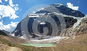 Landscape Panorama of Mount Edith Cavell and Angel Glacier in the Canadian Rocky Mountains, Jasper National Park, Alberta, Canada