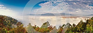 Landscape Panorama Scenery View of Mountain Range With Foggy Against Blue Sky Background at Sunrise, Scenic Tranquil Nature Plant