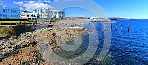 Landscape Panorama of Sidney Waterfront along Haro Strait on the Saanich Peninsula of Vancouver Island, British Columbia